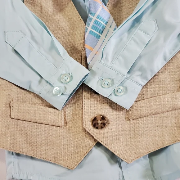 K1288 * Starting Out Boys 4pc Suit Tan Blue Size 3/6M - Picture 8 of 12